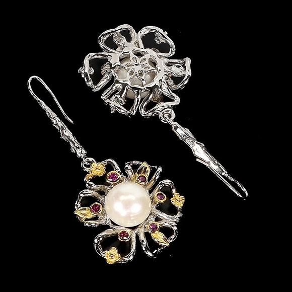 Natural Pink Rhodolite Garnet & Cultured Pearl 925‎ Sterling Silver Earrings - Picture 5 of 8